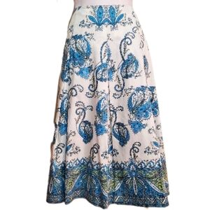 Talbots Y2k 100% cotton blue cream paisley pleated A-line knee length skirt 8